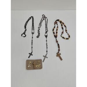Lot Of Three Catholic Rosary Beads Religious Pins Wood Plastic France Jesus Mary